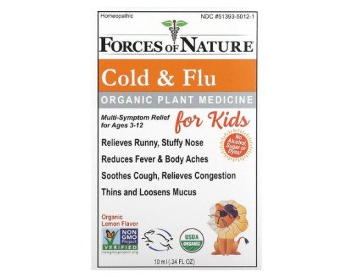 Forces of Nature, Organic Plant Medicine, Cold & Flu, For Kids Ages 3-12, Lemon, 0.34 fl oz (10 ml)
