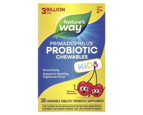 Nature's Way, Primadophilus® Kids Probiotic Chewable, Age 2+, Cherry , 3 Billion CFU, 30 Chewable Tablets