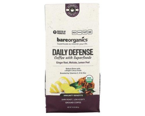 BareOrganics, Daily Defense Coffee With Superfoods, Ground, Dark Roast, 10 oz (283 g)