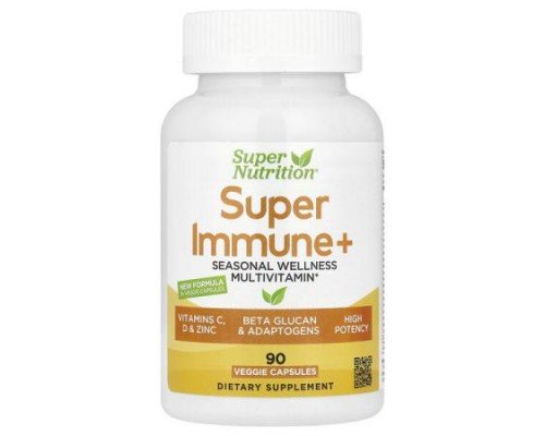 Super Nutrition, Super Immune+ Multivitamin with Super Adaptogens, Vitamin C, Vitamin D, Zinc, and Beta Glucan, 90 Veggie Capsules