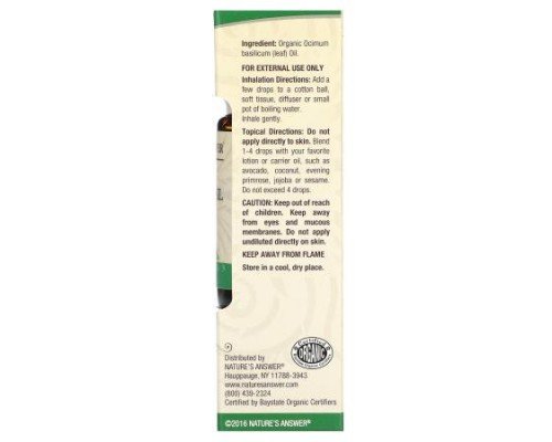 Nature's Answer, 100% Pure Organic Essential Oil, Sweet Basil, 0.5 fl oz (15 ml)