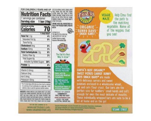 Earth's Best, Organic Sunny Days Snack Bars, 2 Years and Up, Sweet Potato, Carrot, 7 Bars, 0.67 oz (19 g) Each