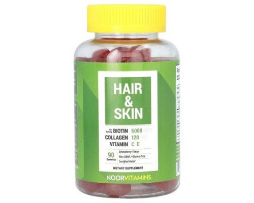 Noor Vitamins, Hair & Skin Gummies, Strawberry , 90 Gummies