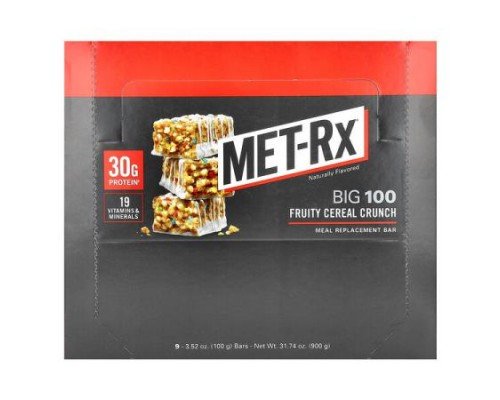 MET-Rx, Big 100, Meal Replacement Bar, Fruity Cereal Crunch, 9 Bars, 3.52 oz (100 g) Each