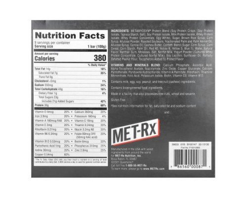 MET-Rx, Big 100, Meal Replacement Bar, Fruity Cereal Crunch, 9 Bars, 3.52 oz (100 g) Each