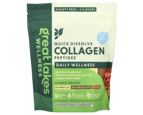Great Lakes Wellness, Quick Dissolve Collagen Peptides, Daily Wellness, Variety Pack, 12 Packets, 0.23 oz (6.5 g) Each
