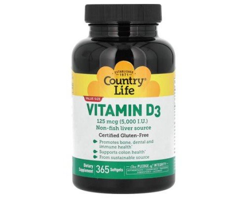 Country Life, Vitamin D3, 125 mcg (5,000 lU), 365 Softgels