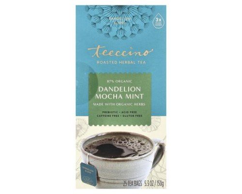 Teeccino, Roasted Herbal Tea, Dandelion Mocha Mint, Caffeine Free, 25 Tea Bags, 5.3 oz (150 g)