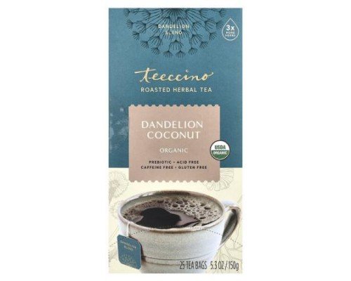 Teeccino, Roasted Herbal Tea, Dandelion Coconut, Caffeine Free, 25 Tea Bags, 5.3 oz (150 g)