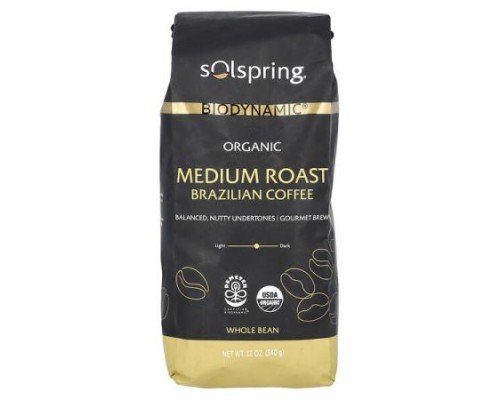 Dr. Mercola, Solspring®, Biodynamic®, Organic Brazilian Coffee, Whole Bean, Medium Roast, 12 oz (340 g)