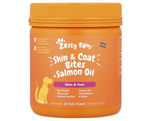 Zesty Paws, Skin & Coat Bites + Salmon Oil, For Dogs, All Ages, Bacon, 90 Soft Chews, 11.1 oz (315 g)