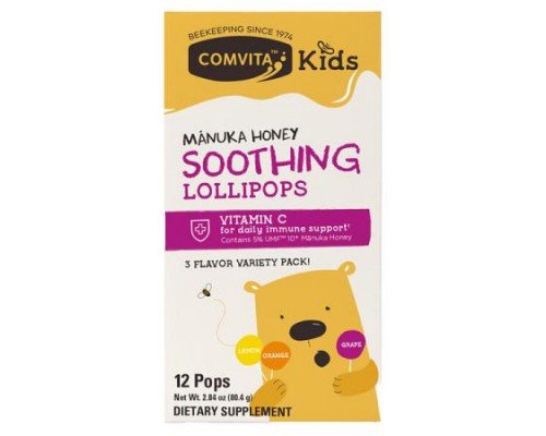 Comvita, Kids, Manuka Honey Soothing Lollipops, Ages 3 and Up, Lemon, Orange, Grape, 12 Pops, 2.84 oz (80.4 g)