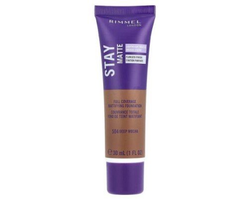 Rimmel London, Stay Matte, Full Coverage Mattifying Foundation, 504 Deep Mocha, 1 fl oz (30 ml)