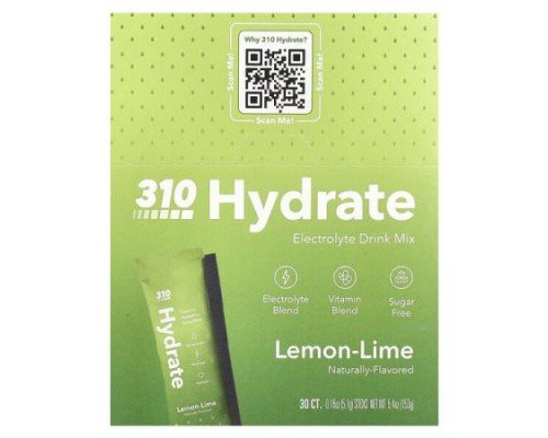 310 Nutrition, Hydrate, Electrolyte Drink Mix, Lemon-Lime , 30 Sticks, 0.18 oz (5.1 g) Each
