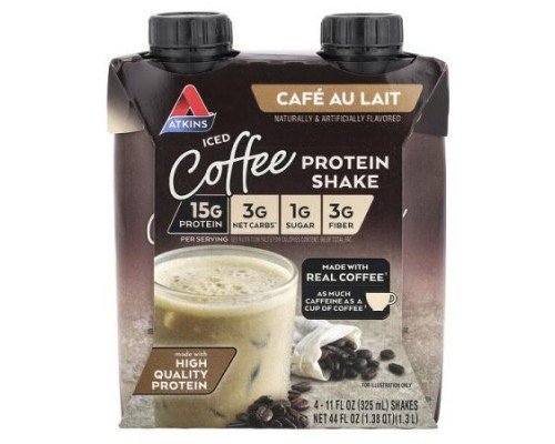 Atkins, Iced Coffee Protein Shake, Cafe Au Lait, 4 Shakes, 11 fl oz (325 ml) Each