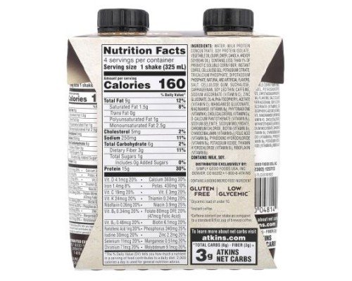 Atkins, Iced Coffee Protein Shake, Cafe Au Lait, 4 Shakes, 11 fl oz (325 ml) Each