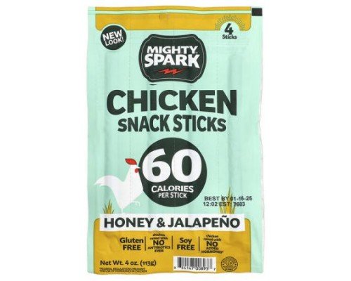 Mighty Spark, Chicken Snack Sticks, Honey & Jalapeno, 4 Sticks