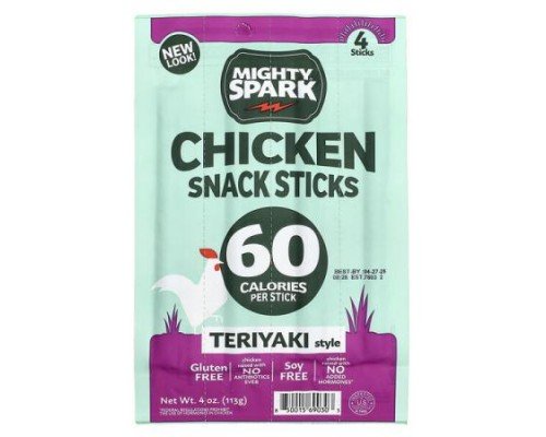 Mighty Spark, Chicken Snack Sticks, Teriyaki Style, 4 Sticks