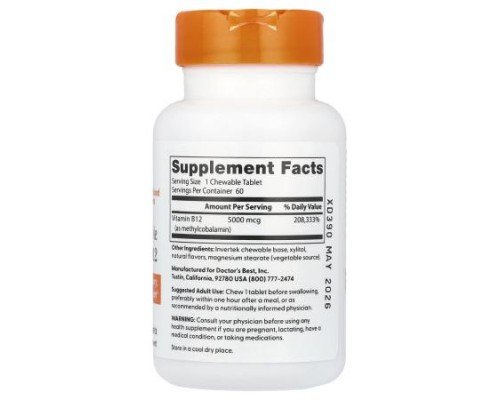 Doctor's Best, Chewable Fully Active B12, Mixed Berries , 5,000 mcg, 60 Tablets