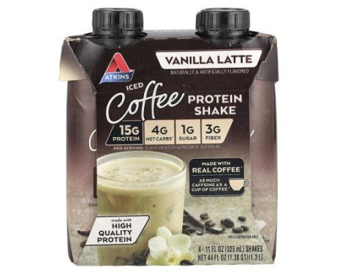 Atkins, Iced Coffee Protein Shake, Vanilla Latte, 4 Shakes, 11 fl oz (325 ml) Each