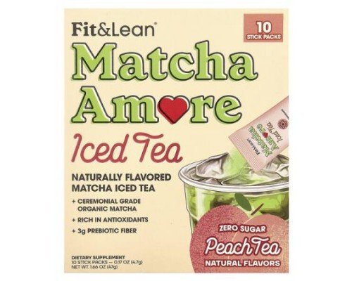 Fit & Lean, Matcha Amore Iced Tea, Peach Tea, 10 Stick Packs, 0.17 oz (4.7 g) Each