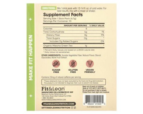 Fit & Lean, Matcha Amore Iced Tea, Peach Tea, 10 Stick Packs, 0.17 oz (4.7 g) Each
