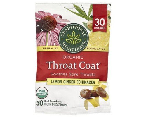 Traditional Medicinals, Organic Throat Coat® Drops, Lemon Ginger Echinacea, 30 Pectin Throat Drops