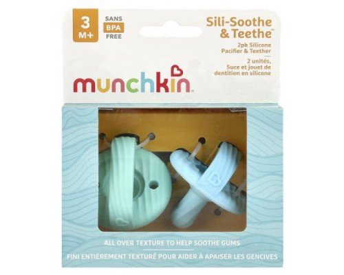 Munchkin, Sili-Soothe & Teethe™, Silicone Pacifier & Teether, 3 Months+, Light Blue & Light Green, 2 Count