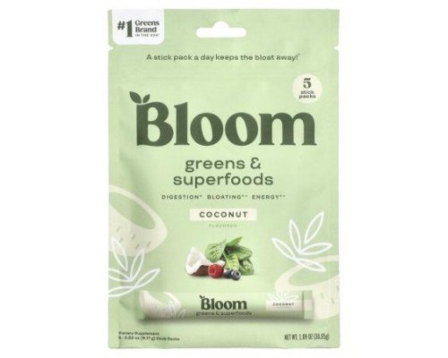 Bloom, Greens & Superfoods, Coconut, 5 Stick Packs, 0.19 oz (5.44 g) Each