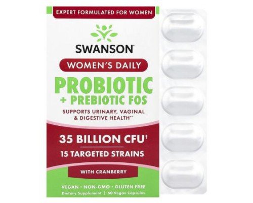 Swanson, Women's Daily Probiotic + Prebiotic FOS With Cranberry, 35 Billion CFU, 60 Vegan Capsules
