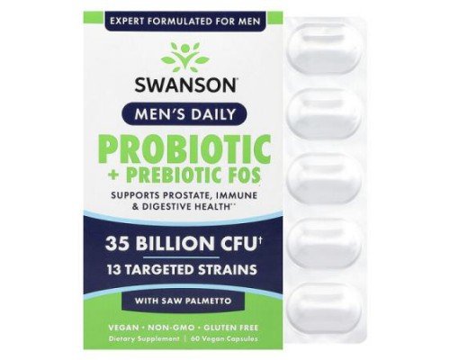 Swanson, Men's Daily, Probiotic + Prebiotics FOS With Saw Palmetto, 35 Billion CFU, 60 Vegan Capsules
