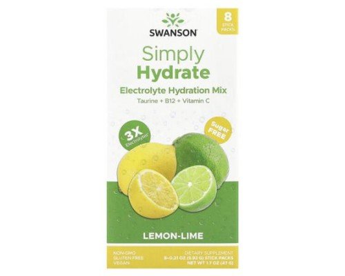 Swanson, Simply Hydrate, Electrolyte Hydration Mix, Lemon-Lime, 8 Stick Packs, 0.21 oz (5.92 g) Each