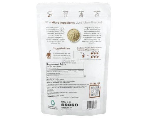 Micro Ingredients, Organic Lion's Mane Powder, 1 lb (454 g)