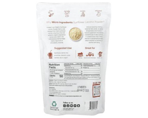 Micro Ingredients, Organic Sunflower Lecithin Powder, 1 lb (454 g)