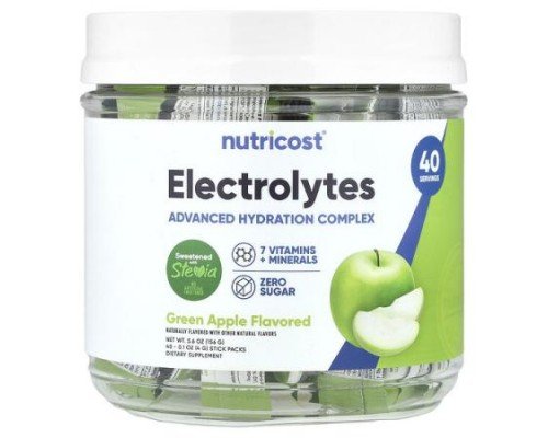 Nutricost, Electrolytes, Advanced Hydration Complex, Green Apple , 40 Stick Packs, 0.1 oz (4 g) Each