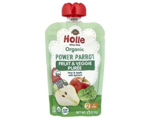 Holle, Organic Fruit & Veggie Puree, Power Parrot, 6+ Months, Pear & Apple With Spinach, 3.5 oz (100 g)