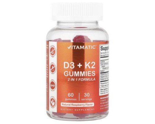 Vitamatic, D3 + K2 Gummies, Natural Raspberry, 60 Gummies