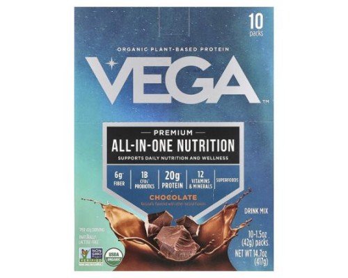 Vega, Plant-Based Organic All-In-One Shake, Chocolate, 10 Packs, 1.5 oz (42 g) Each