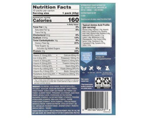 Vega, Plant-Based Organic All-In-One Shake, Chocolate, 10 Packs, 1.5 oz (42 g) Each