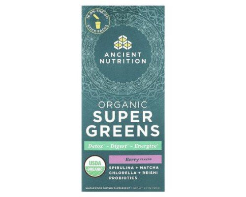 Ancient Nutrition, Organic Super Greens, Berry, 16 On-The-Go Stick Packs, 0.3 oz (7.5 g) Each