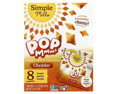 Simple Mills, Pop Mmms™, Baked Snack Crackers, Cheddar, 8 Packs, 0.7 oz (20 g) Each
