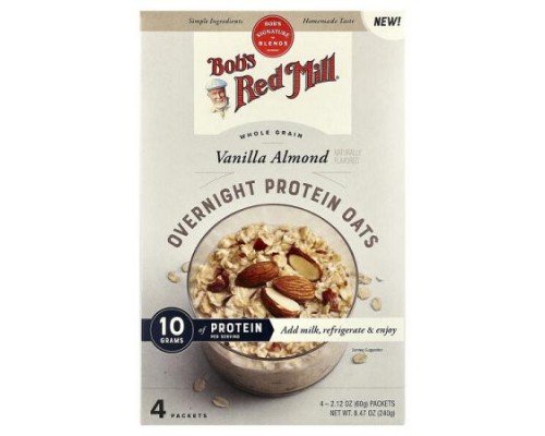 Bob's Red Mill, Overnight Protein Oats, Whole Grain, Vanilla Almond, 4 Packets, 2.12 oz (60 g) Each
