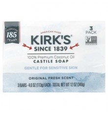 Kirk's, 100% Premium Coconut Oil Castile Bar Soap, Original Fresh, 3 Bars, 4 oz (113 g) Each