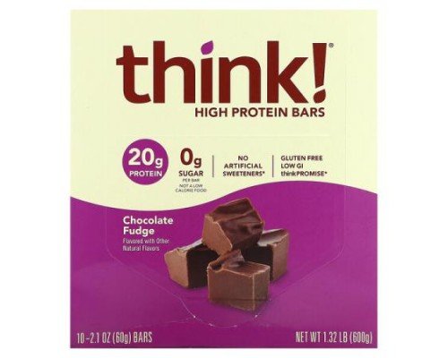 Think !, High Protein Bars, Chocolate Fudge, 10 Bars, 2.1 oz (60 g) Each