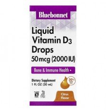 Bluebonnet Nutrition, Liquid Vitamin D3 Drops, Citrus, 50 mcg (2,000 IU), 1 fl oz (30 ml)