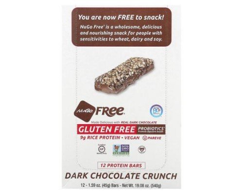 NuGo Nutrition, Gluten Free Protein Bar, Dark Chocolate Crunch, 12 Bars, 1.59 oz (45 g) Each (Discontinued Item)