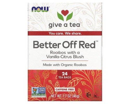 NOW Foods, Better Off Red, Roobios With a Vanilla-Citrus Blush, Caffeine-Free, 24 Tea Bags, 1.7 oz (48 g)