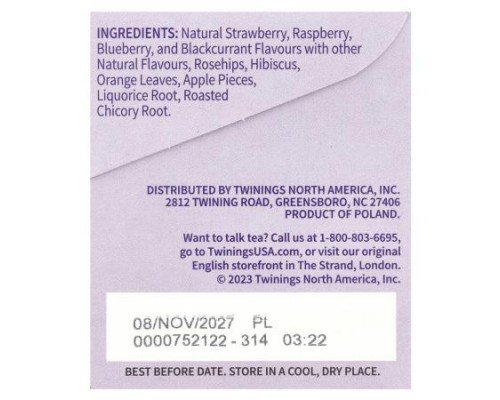 Twinings, Flavored Herbal Tea, Wild Berries, Caffeine Free, 20 Tea Bags, 1.41 oz (40 g)