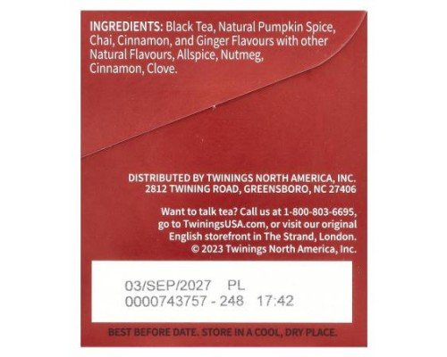 Twinings, Flavored Black Tea, Chai, Pumpkin Spice, 20 Tea Bags, 1.41 oz (40 g)