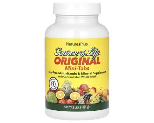 NaturesPlus, Source of Life, Original Mini-Tabs, Multivitamin & Mineral Supplement with Concentrated Whole Foods, Iron-Free, 180 Tablets
